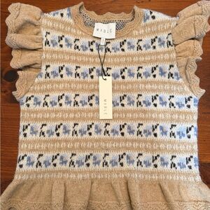 MABLE Beige & Blue Knit Ruffle Sleeve Top